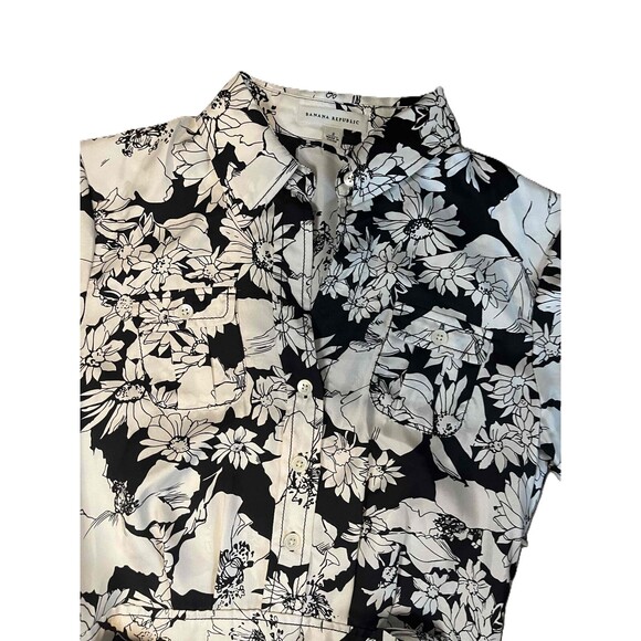 Banana Republic Black/White floral Short Sleeve Dress Sz 2 100% Silk Classic - Picture 2 of 8